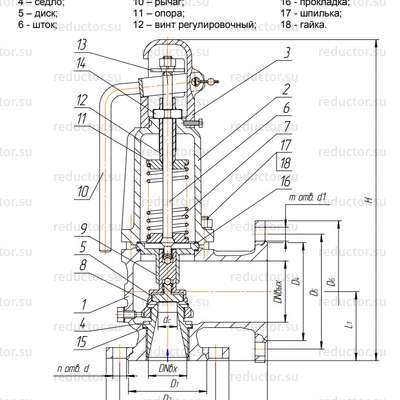 Клапан предохранительный 17с28нж DN80 PN16 №0, 1, 2, 3, 4 — Габаритные и присоединительные размеры