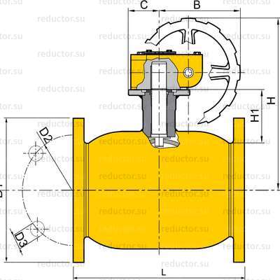 Чертёж крана NAVAL DN 125-300 для газа фланцевый с редуктором