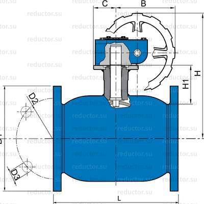 Чертёж крана NAVAL DN 125-600 стальной фланцевый с редуктором